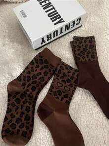 1/3 双新款秋冬豹纹咖啡棕色女士中筒袜韩版时尚四季百搭 - 彩色 - 查看 1