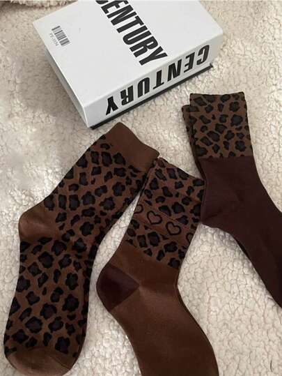1/3 双新款秋冬豹纹咖啡棕色女士中筒袜韩版时尚四季百搭