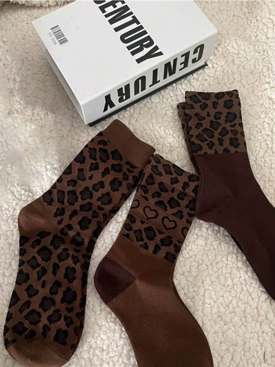 1/3 双新款秋冬豹纹咖啡棕色女士中筒袜韩版时尚四季百搭 - 彩色 - 查看 1