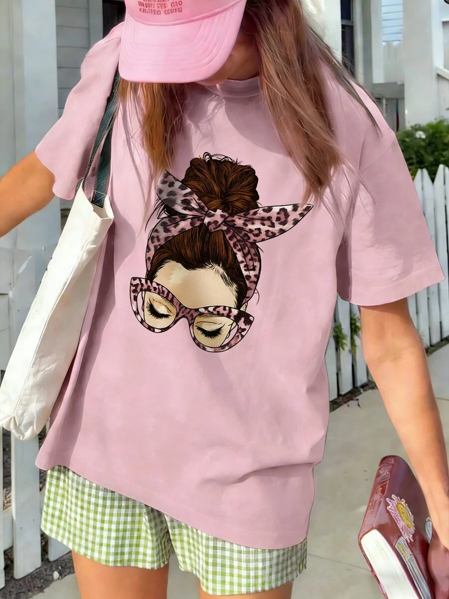 女款圓領短袖基礎 T-shirt,柔軟親膚面料,休閒日常街頭風百搭上衣 - 粉色 - 查看 1