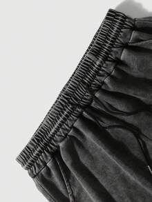 Plus Size Men's Casual Shorts, Japanese "Cherry Blossom" Print, Round Neck Washed Relaxed Shorts, Everyday Wear - Black - View 5