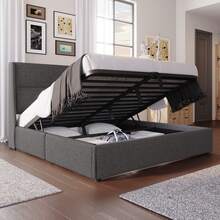 Upholstered Double Bed (160x200 Cm) With Adjustable Headrest. Hydraulic Bed Frame With Storage, Linen Upholstery, Metal Fittings. Grey (Mattress Not Included) - Grey - View 2