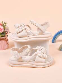 1双女童蝴蝶结设计平底凉鞋，可爱套脚款式，适合夏季，百搭 - 米色 - 查看 1