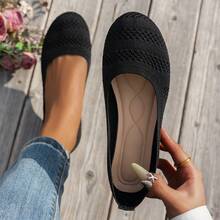 圆头女士平底鞋，针织休闲鞋，夏季透气芭蕾舞鞋，妈妈款套脚乐福鞋，百搭平底鞋，颜色包括黑色、白色、橄榄绿、米色、天蓝色、浅蓝色、卡其色、浅棕色、藏青色、黄色，适合春秋季穿着，大码可选，网面休闲运动鞋，步行鞋，纯色套脚鞋 - 1923-1黑色 - 查看 12