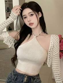 New Sexy Spaghetti Strap Camisole Top & Cropped Knit Cardigan Set, Revealing, Suitable For Spring/Summer - Apricot - View 5