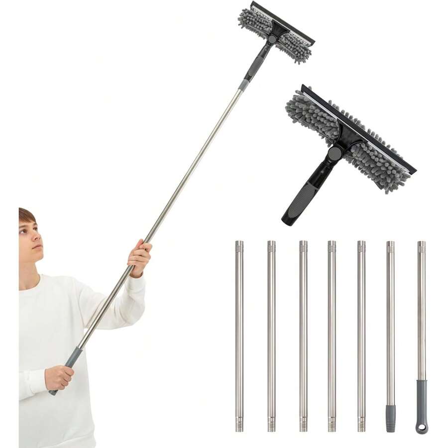 2-In-1 Window Cleaner Squeegee With Extendable Telescopic Pole – No Ladder Needed For High Windows, Glass & Car Windshield (Blue) - Grey - View 1