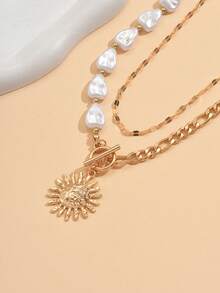 2pcs/Set Fashion Heart-Shaped Faux Pearl Necklace, Punk Style Thick Chain Sun Pendant Necklace Set, Suitable For Daily Wear, Street Photography, Dating - Gold - View 3