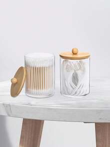 带盖牙线棉签收纳盒 - 4 件装，10 盎司透明浴室收纳盒，适用于棉签、浴盐等，也可作为梳妆台收纳盒使用。 - A - 查看 5