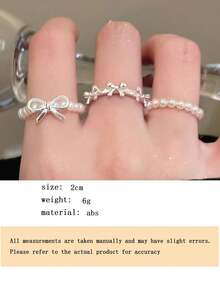 3件套芭蕾舞风格蝴蝶结珍珠串珠戒指套装，银色丝带蝴蝶结可调节叠戴戒指，优雅设计，日常佩戴饰品，送给女友、家人、圣诞节、情人节、生日、母亲节的礼物 - 銀色 - 查看 8