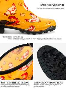 女士雨靴高筒花园靴可爱农场印花休闲园艺靴 - 黃色 - 查看 4