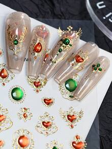 金色美甲贴纸 5D浮雕红绿宝石美甲贴纸 奢华自粘金色边框巴洛克美甲贴花 复古红宝石美甲贴纸 女士女孩美甲用品 1张 - 彩色 - 查看 5