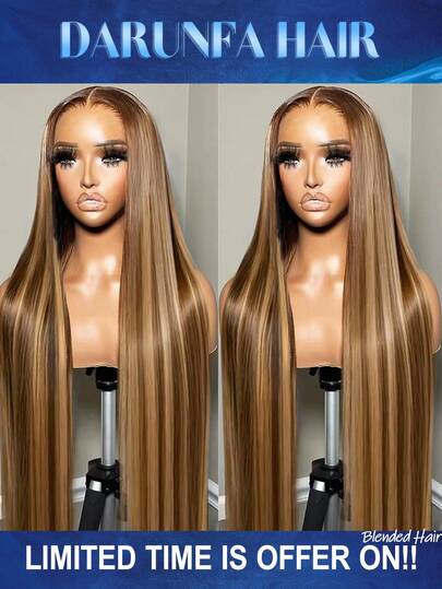 200% Density 34Inch 13x4 Straight Lace Front Wigs Blended Human Hair Pre Plucked 13x4 Frontal Wigs Human Hair 5X5 HD Lace Straight Wig 100% Blended Human Hair Wigs For Women Highlight Ombre #P4/27