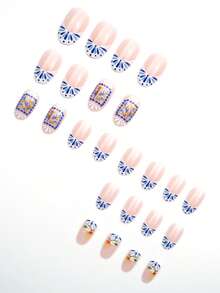 Bộ 24 miếng dán móng tay ngắn hình bầu dục họa tiết hoa, phù hợp cho các cô gái sành điệu, phụ nữ công sở, dự tiệc, hẹn hò, mặc hàng ngày và các ngày lễ. - Nhiều màu - Xem 3