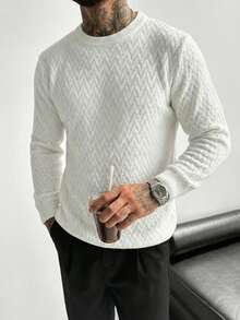 Men's Diamond Textured Sweater - Crew Neck Long Sleeve Knit Pullover, Solid Color Minimalist Waffle Knit Base Layer, Comfortable Breathable Men's Knit Top For Spring & Autumn - أبيض - مشاهدة 4
