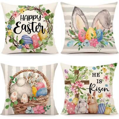 4 PIEZAS Funda de almohada gris de Pascua de 45 x 45 cm, decoración de granja con conejito, flores y huevos de primavera para la festividad de Pascua, funda de cojín decorativa para el hogar y el sofá