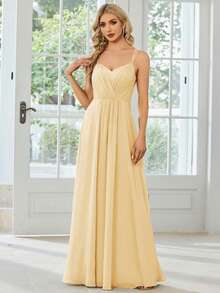 EVERPRETTY Solid Color Minimalist Ruched Criss-Cross Back Bridesmaid Dress Wedding Spring - Yellow - View 3