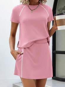 Women's Summer 2 Piece Skirt Sets Short Sleeve Shirts Tops Skorts Matching Workout Clothes Travel Outfits - 粉色 - 查看 6