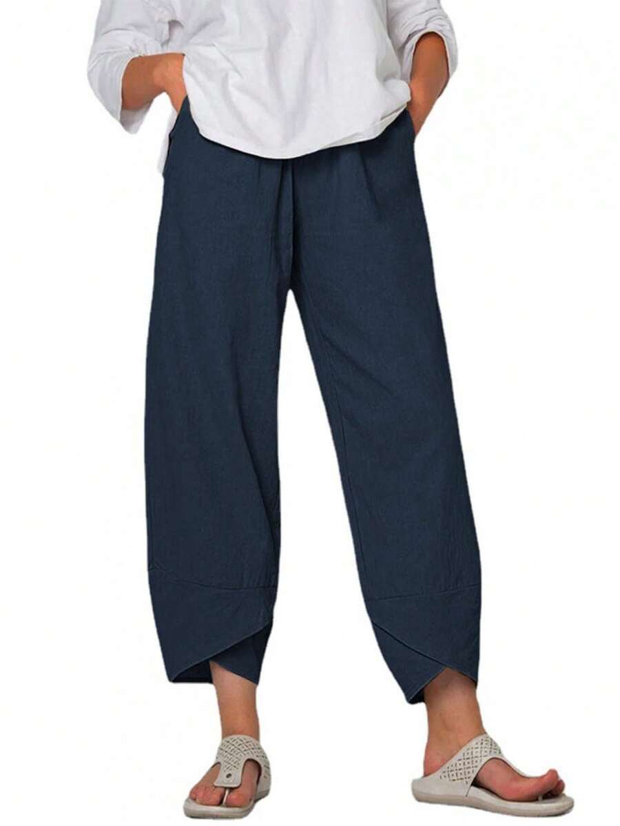 Women's Plus Size Elastic Waist Linen Blend Cropped Pants, Loose Wide Leg  Hem Casual Trousers, Lightweight Comfortable Daily Vacation Lounge Pants For Women - Màu xanh hải quân - Xem 1