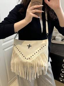 Bolso bandolera de cuero retro de moda, bolso de hombro estilo bohemio con flecos y remaches, cartera cuadrada casual, bolso de mensajero adecuado para viajes y uso diario, bolso bandolerade - Beis - Ver 6
