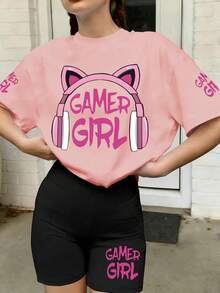 2件套少女创意印花T恤短裤套装，街头风休闲装，适合上学和日常穿着，春夏新品 - 粉色 - 查看 1