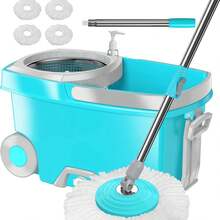 Spin Mop And Bucket,Mop And Bucket With Wringer Set For Home,360 Spinning Mopping Floor Cleaning Tool With 4 Microfiber Replacement Head Refills,61" Extended Handle, 2X Wheel - Blue - A - View 2