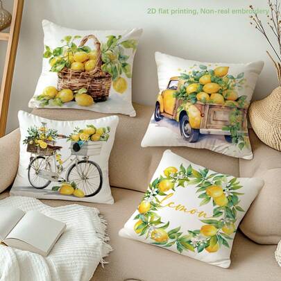 MEMNUN 4pcs Watercolor Lemon Floral Wreath Truck Bicycle Print Pillow Covers [No Pillow Insert], 17.7*17.7in(45*45cm)/19.69*19.69in(50*50cm)/15.75*15.75in(40*40cm), [Single-Sided Printing], Fresh Summer Watercolor Farmhouse Throw Pillow Covers For Sofa, Bed, Living Room, Bedroom, Car, Office, Hotel Decor, Perfect Gift For Family And Friends, All Seasons