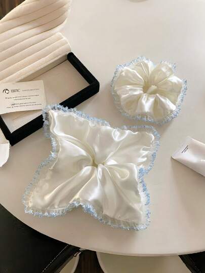 1pc/2pcs Solid Color Casual Polyester Satin Floral Scrunchie, Sweet Elegant Hair Tie For Bun, Ponytail, Hair Scrunchies