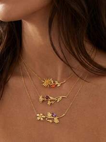 1件套优雅12个月生日花项链，925纯银镶嵌立方氧化锆，女士项链，生日礼物 - 金色 - 查看 2