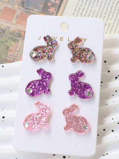 3 Pairs Easter Acrylic Bling Bunny Earrings Set, Rhinestone Cute Colorful Earrings, Holiday Party Gift