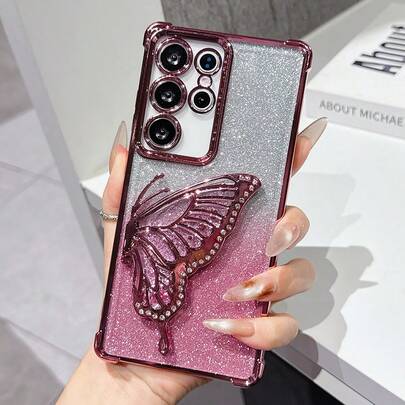 Drop-Resistant Anti-Drop Phone Case Transparent And Stylish Electroplated Shock-Absorbing Airbag Quicksand Butterfly Stand Phone Case Compatible With Samsung Galaxy S26/S22/23/24/25/S24 FE/S25 EDGE, A04/05/06/A07/A14/A15/A16/A17/A24/A25/A34, Note 9/10/11/12/13, 9/10/12/13C 14C, MOTO, Honor X, HW, RENO C53 C55 C61 C63 C75