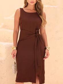 Dress With A Sophisticated Drape And A Front Knot. - Rust Brown - View 4