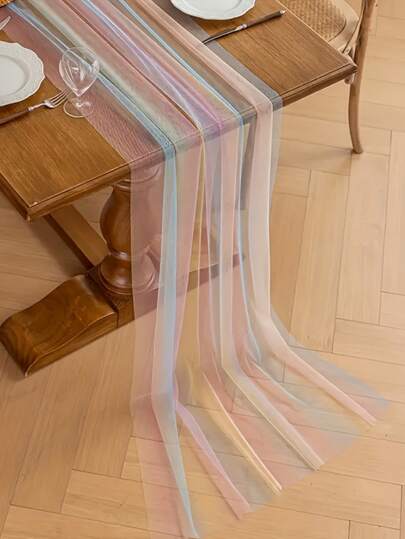 1 件梦幻彩虹薄纱桌旗 - 奢华的粉蓝渐变涤纶面料，褶皱水波纹图案，柔和的粉彩色调，完美适用于婚礼、节日、咖啡桌和厨房装饰，也适用于婚礼、新娘送礼会和派对装饰。