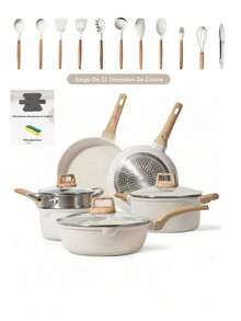 Juego de ollas antiadherentes de 9 piezas. Libre de PFAS, PFOA, plomo y cadmio. Ligero, de calentamiento rápido y uniforme, fácil de limpiar, ultrarresistente, Versátiles ollas de granito aptas para todo tipo de cocinas, incluyendo inducción, gas, eléctricas y vitrocerámica. - Albaricoque - Ver 13