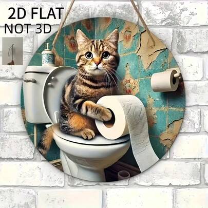 2D Flat, 1pc Funny Cat Sitting On Toilet Wall Decor - 7.87 Inch Round Wooden Decorative Piece, American Style Curious Cat Design, Easy To Hang Indoor/Outdoor Home Decor, Suitable For Bathroom, Kitchen Or Living Room, Whimsical Cat Shape, 2D Flat