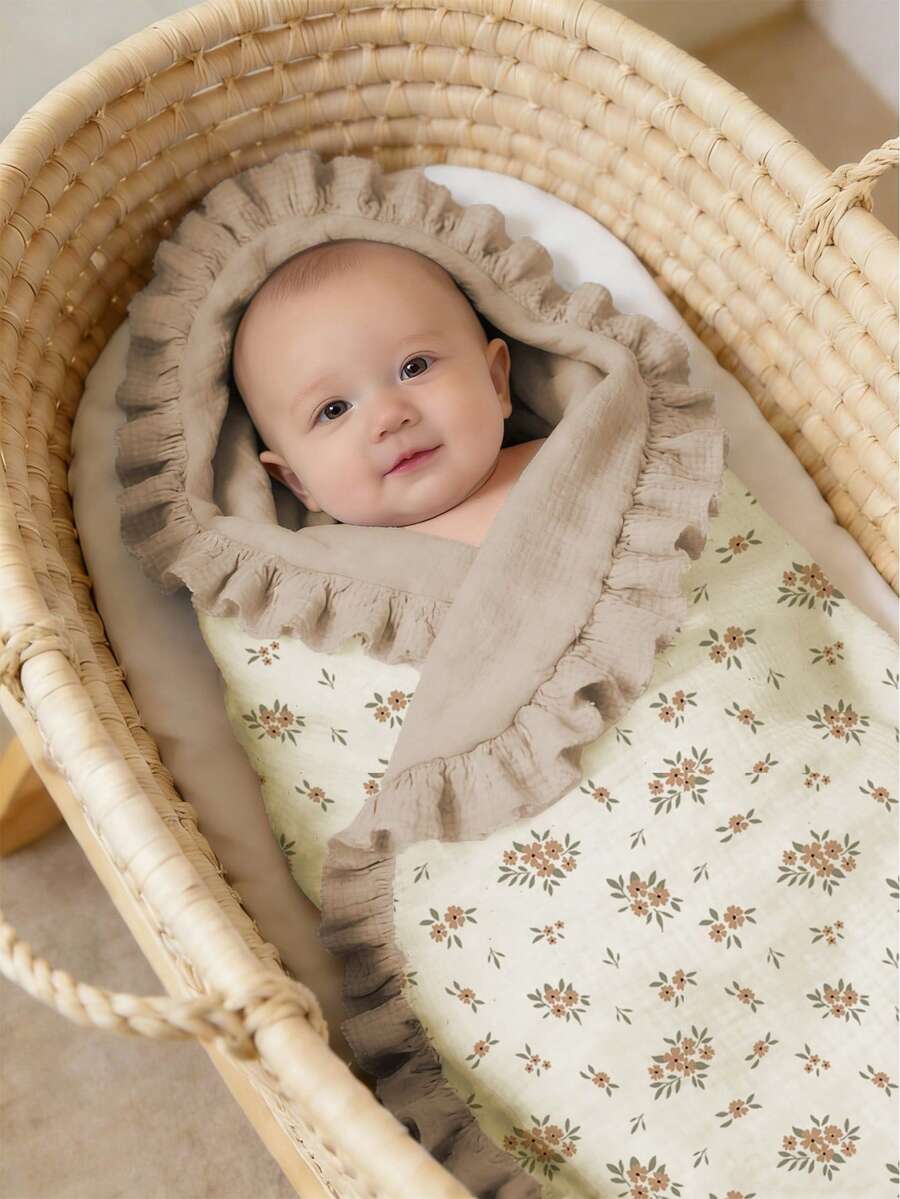 1 pieza Manta de bebé de algodón suave con estampado floral, manta de algodón para bebé con borde de volantes - Marrón - Ver 1