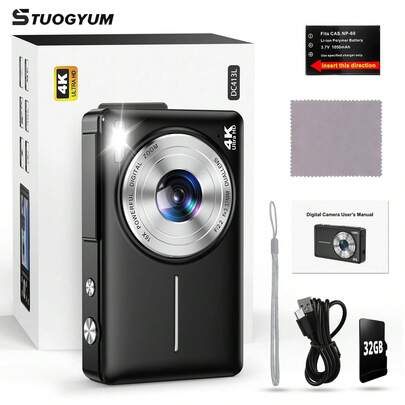 STUOGYUM DC413 6400万像素4K数码相机，16倍数码变焦，适合Vlog拍摄，2.8英寸液晶屏，可充电，专业摄影入门级相机，具备拍照/录像/网络摄像头功能。升级配备1050mAh大容量电池，是毕业、感恩节和圣诞节的完美礼物（含32GB存储卡）。