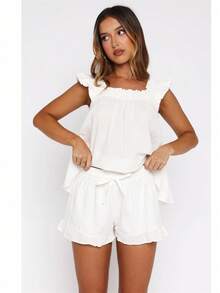 Awevudst Women's Summer 2Piece Outfits Loungewear Set Ruffle Hem Flying Sleeve Loose Tank Top + Elastic Waist Ruffle Shorts Casual Homewear Vocation Beachwear Y2K Streetwear - 白色 - 查看 1