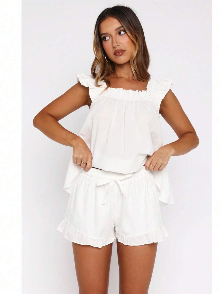 Awevudst Women's Summer 2Piece Outfits Loungewear Set Ruffle Hem Flying Sleeve Loose Tank Top + Elastic Waist Ruffle Shorts Casual Homewear Vocation Beachwear Y2K Streetwear - 白色 - 查看 1