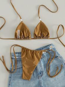 女士新款暖棕色椰子棕榈吊带比基尼套装，低腰三角泳裤，性感泳装套装，适合海岛度假、海滩派对 - 卡其色 - 查看 2