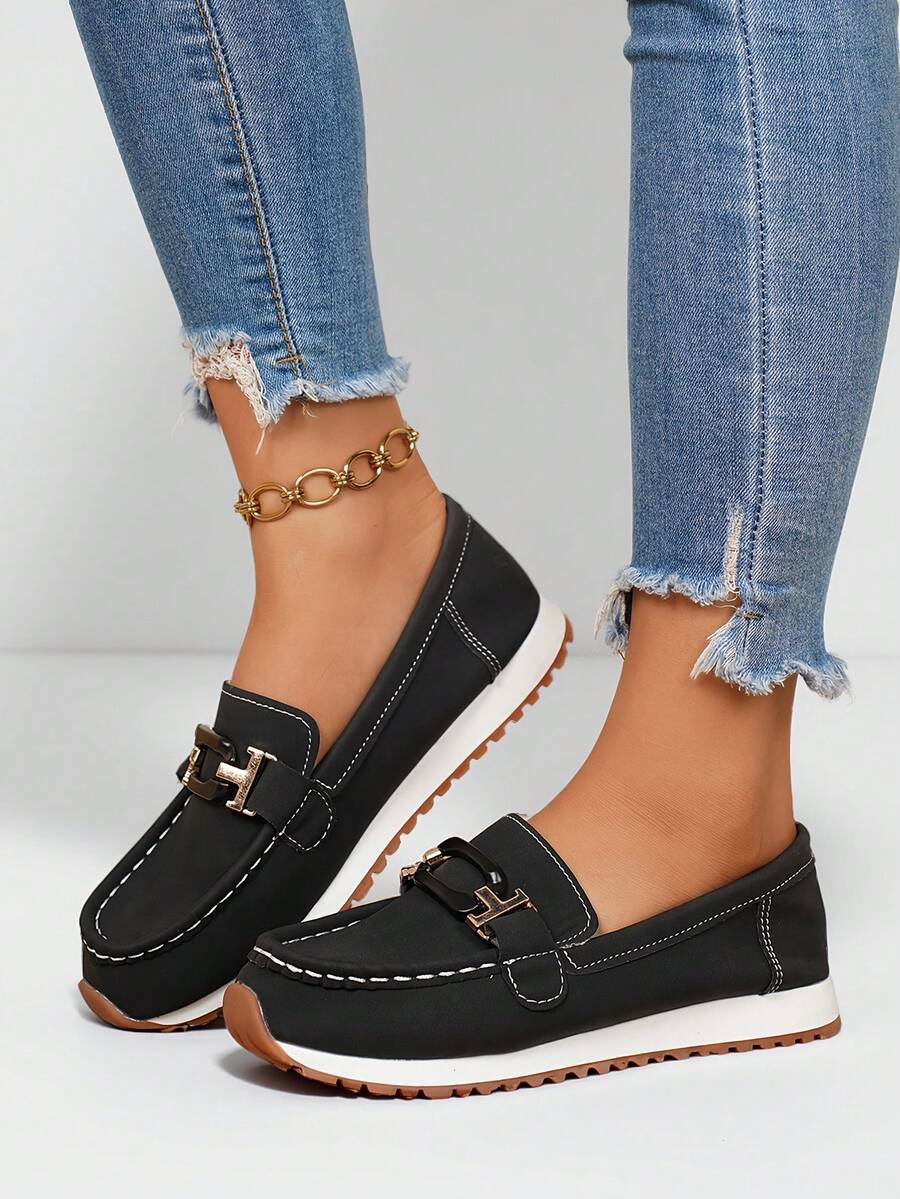 Giày lười nữ đế dày mũi tròn, thoải mái, gót thấp, nhẹ, khóa kim loại, kiểu dáng thường ngày, hàng mới về mùa xuân/thu. - màu đen - Xem 1