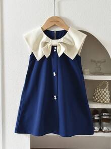 Gaun Tanpa Lengan dengan Kerah Warna Kontras untuk Anak Perempuan, Gaya Manis & Imut, Cocok untuk Dipakai di Musim Panas - Navy Blue - View 1