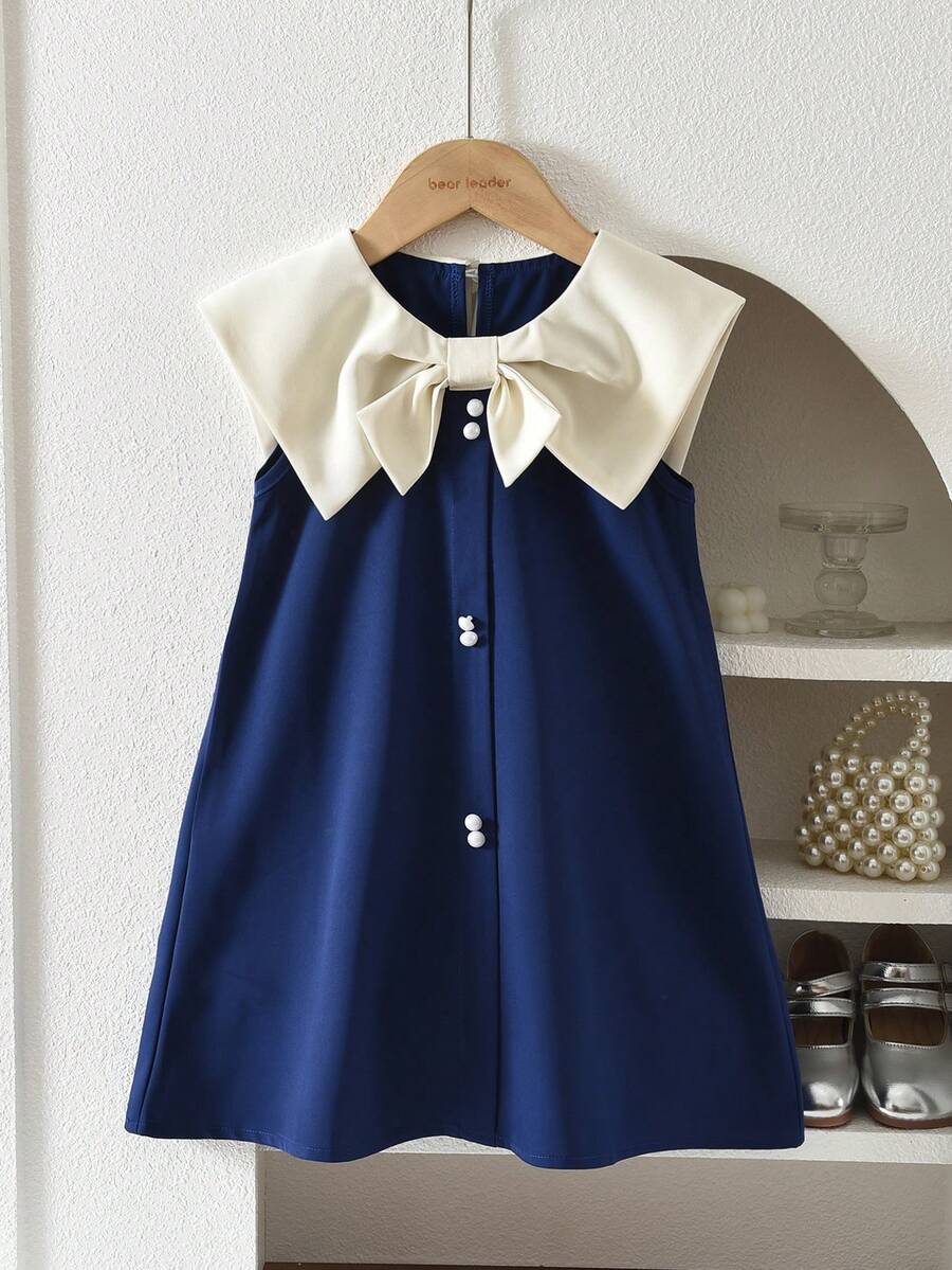 Gaun Tanpa Lengan dengan Kerah Warna Kontras untuk Anak Perempuan, Gaya Manis & Imut, Cocok untuk Dipakai di Musim Panas - Navy Blue - View 1