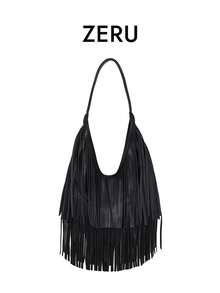 Fashionable Tassel Handbag, Solid Color Soft Leather Personalized Stylish Shoulder Bag For Women - Black - View 1