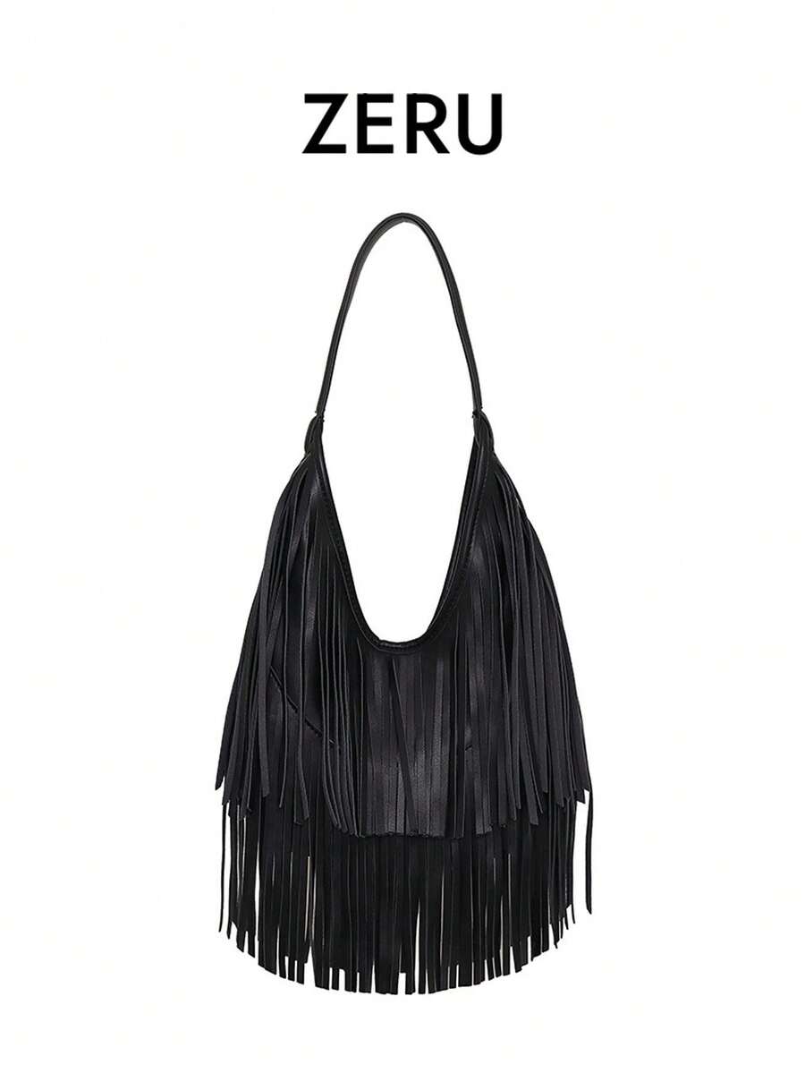 Fashionable Tassel Handbag, Solid Color Soft Leather Personalized Stylish Shoulder Bag For Women - Black - View 1
