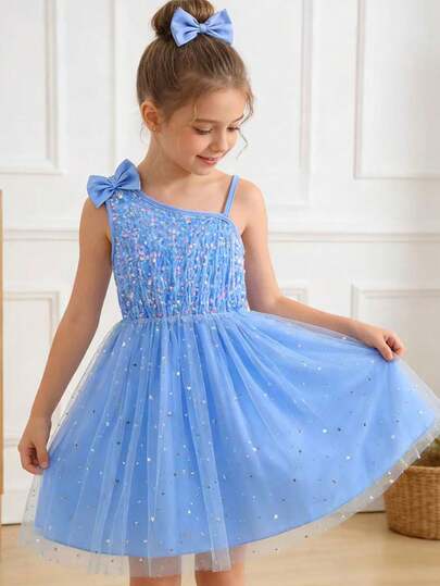 4-7 Years Old Girls' Dreamy Sequin Decor Dress, With 3D Bow Accent, Sequin Bodice Paired With Star Mesh Skirt, Spaghetti Strap, Princess Style For Birthday Party, Performance, Park, Beach, Daily Wear