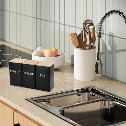 3pcs Coffee, Sugar And Tea Canister Set, Creative Minimalist Style, Good Sealing, Simple And Convenient, Durable, With Waterproof Bamboo Lids, Coffee And Red Tea Storage Boxes, Perfect Gift For Ramadan