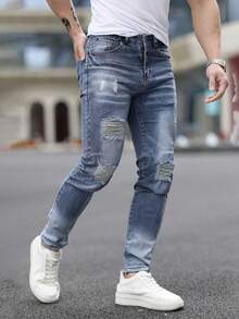 jeans hombre pantalones de hombre>mezclilla Pantalones vaqueros rotos con bolsillos para hombres, pantalones largos de moda y versátiles - Azul lavado medio - Ver 4