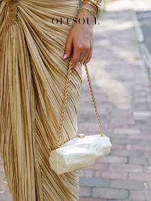 白色晚礼服婚纱新娘手拿包，法式亚克力大理石纹晚宴包，配不对称链条肩带，适合派对、宴会等场合。 - 白色 - 查看 1