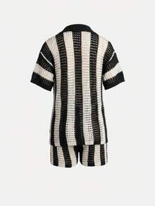 Conjunto de top de punto calado y pantalones cortos a rayas de verano casual para mujer - Negro - Ver 5