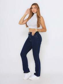 Women's Straight Leg Jeans With Elastane Lycra, High Waist, Traditional Malloy Style - 藍色 - 查看 1